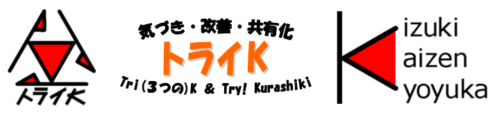 イラスト：トライKタイトル 気づき・改善・共有化 Tri(3つの)K＆Try！Kurashiki