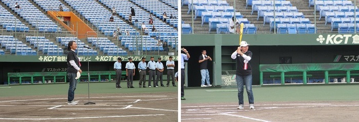 球場で挨拶をする伊東市長の写真と始球式をする伊東市長の写真