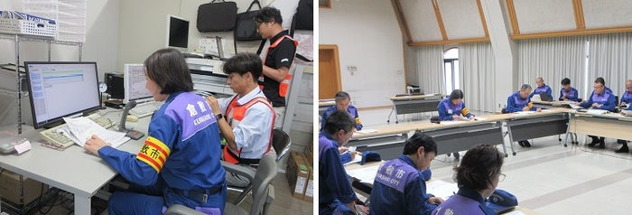 一斉地震訓練開始の号令をする伊東市長の写真と災害対策本部会議の訓練に出席する