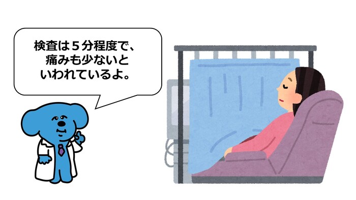 子宮頸がん検診を受けている女性のイラスト　検査は5分程度で痛みもほとんどないと言われています。