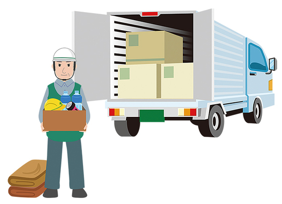 物資を運搬するトラックと職員のイラスト