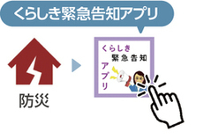 トップ画面のアイコン「防災」をタップ後、「くらしき緊急告知アプリ」をタップ