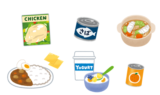 画像：食材のイラスト（サラダチキン、さば缶、餃子入りスープ、カレーとトッピング※ゆで卵、チーズ、フルーツ入りヨーグルトなど）