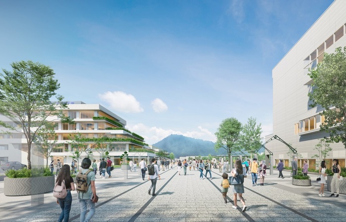 JR児島駅前から龍王山を望むイメージパース。左側が市立短期大学棟の完成イメージ、右側は倉敷ファッションセンター(既存施設)