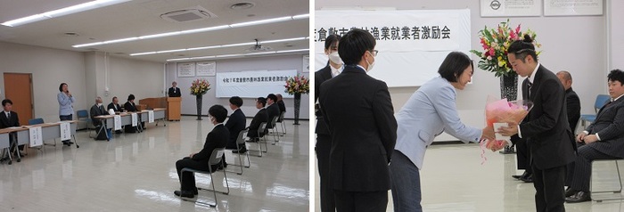 挨拶をする伊東市長の写真と就業者に花束を渡す伊東市長の写真