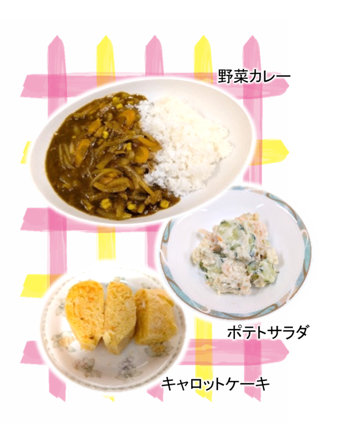 防災食(カレー・ポテトサラダ・キャロットケーキ)の写真