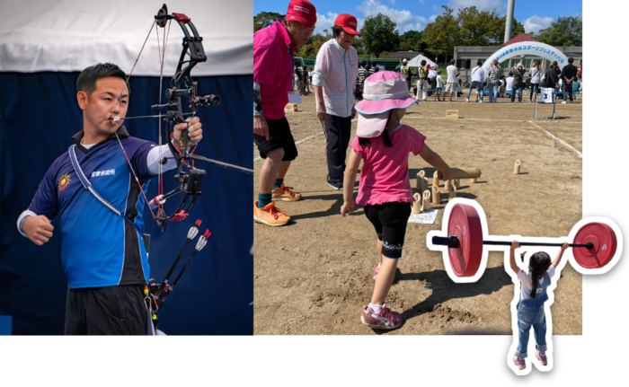 第5回アジアパラ競技大会アーチェリー日本代表・大江佑弥選手の写真とモルックをする女の子の写真