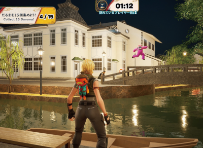 Fortnite美観地区マップのゲーム画面。倉敷川沿いの夜間照明に倉敷館が建っている背景で、対戦している