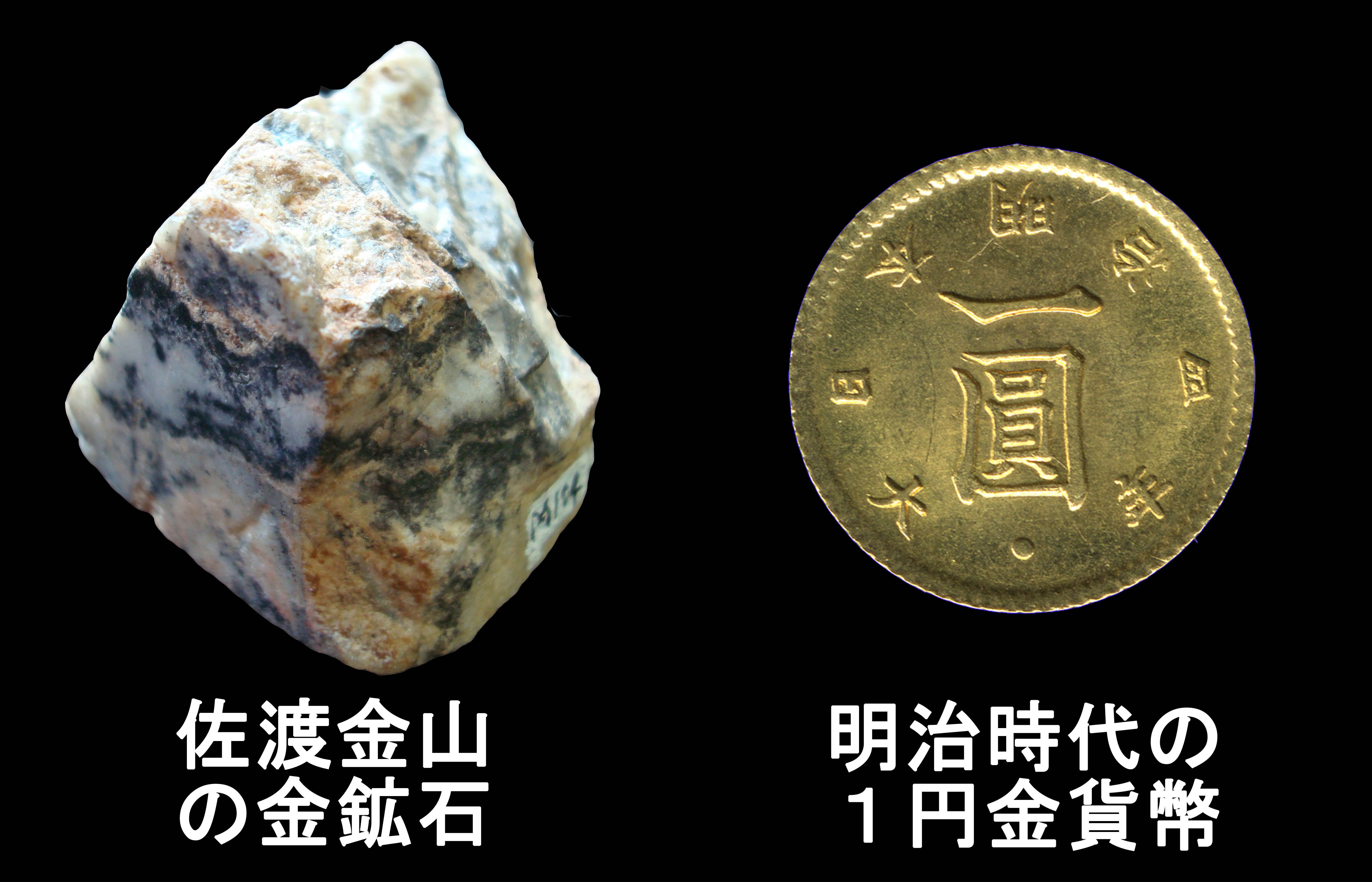 佐渡金山の金鉱石と明治時代の１円貨幣