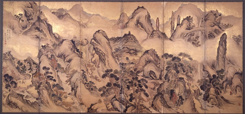 紙本墨画淡彩天台山図屏風（左隻）　撮影：中村昭夫