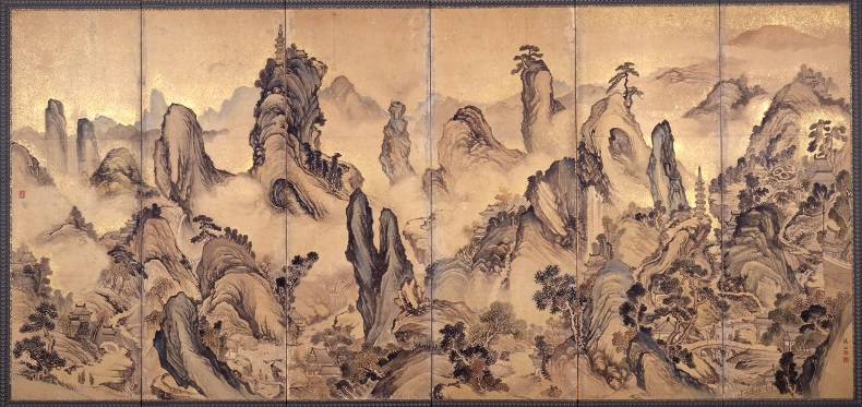 紙本墨画淡彩天台山図屏風（右隻）　撮影：中村昭夫