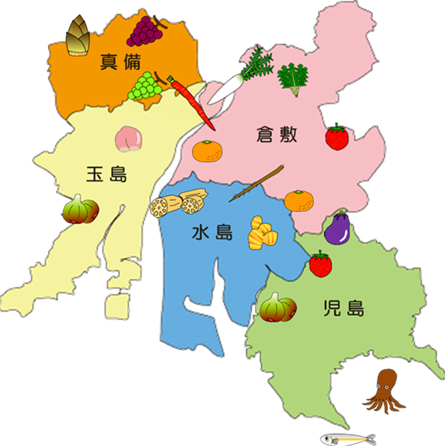 イラスト：倉敷市地図と主な地場産物