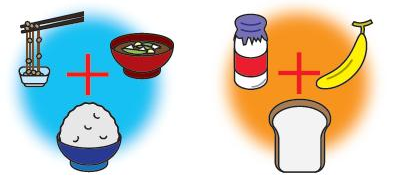 イラスト：ごはん＋納豆＋みそ汁、食パン、牛乳、バナナ