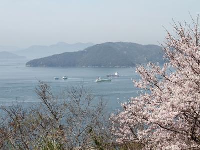 桜の花と多島美と沖行く貨物船